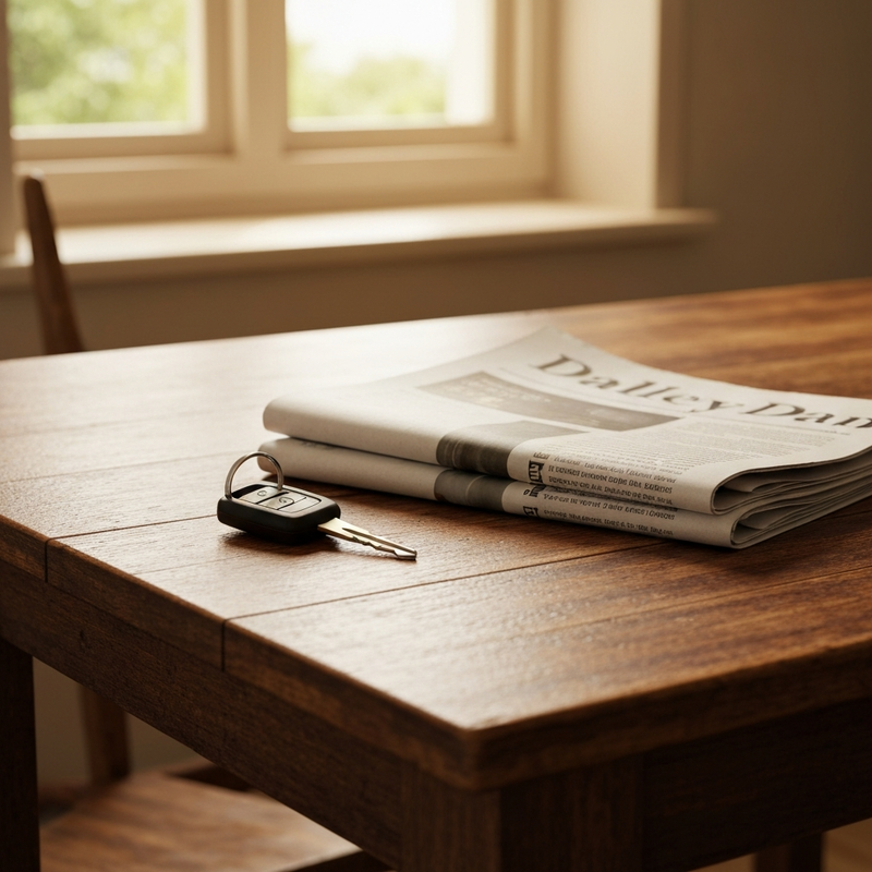 set of car keys on a wooden kitchen table next to a folded blank newspaper - driving tired law UK