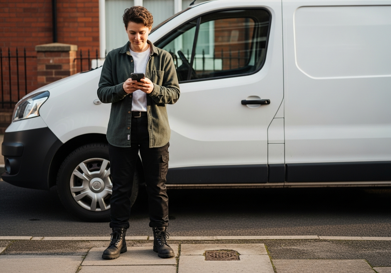 Person using a phone next to their van to get an insurance quote on the move