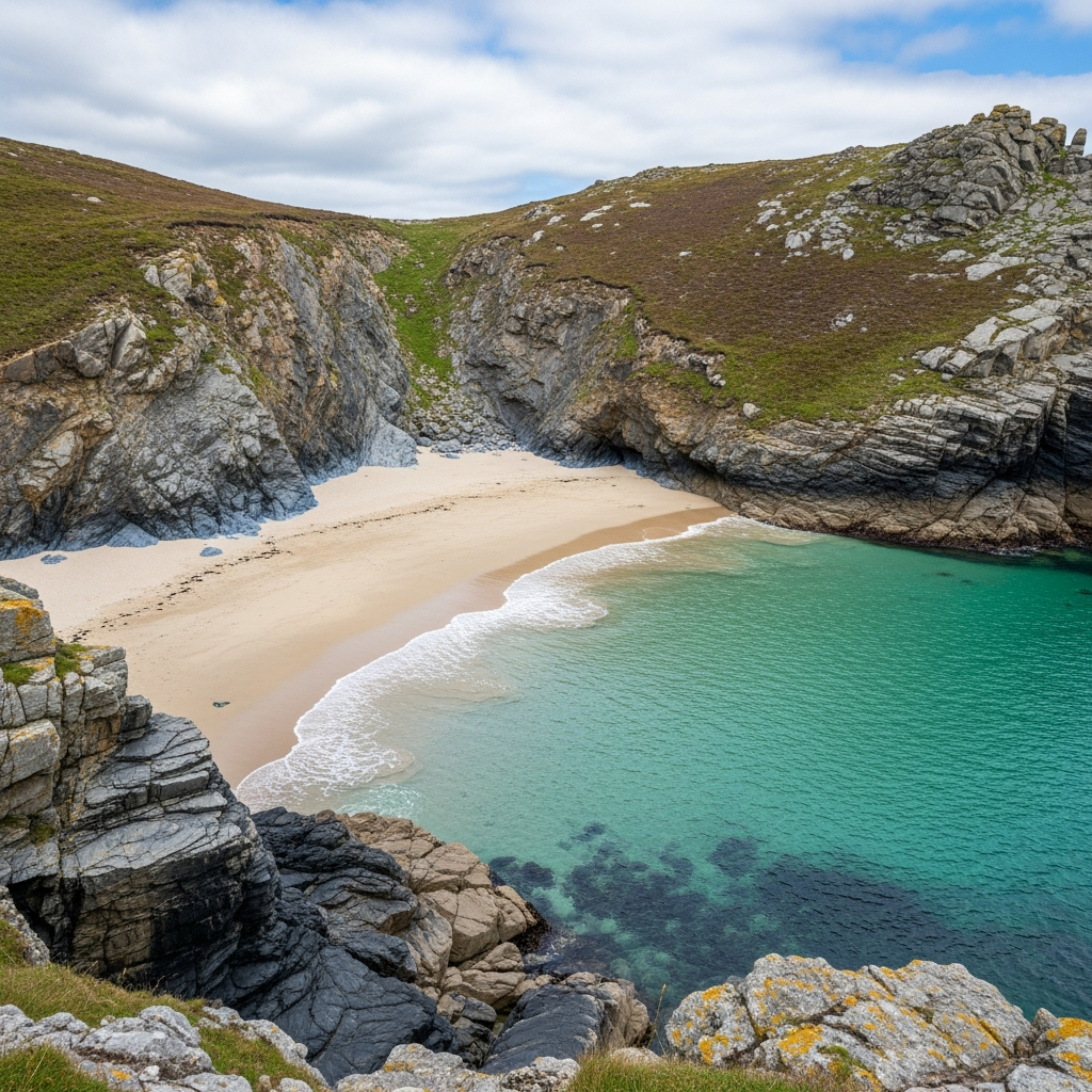 Turquoise water and pale sand at Porthcurno cove below granite cliffs