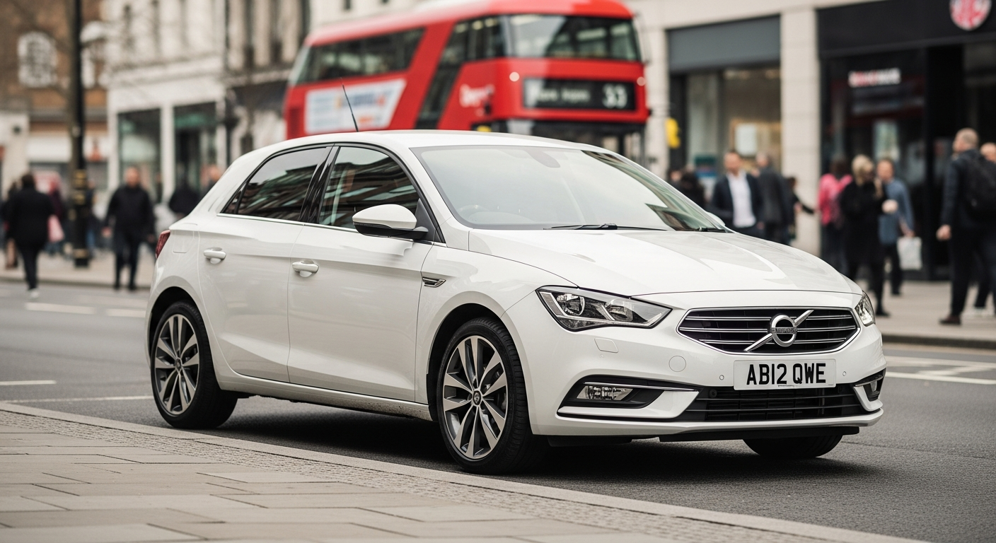 UK car on a busy British high street, covered by temporary car insurance for young drivers