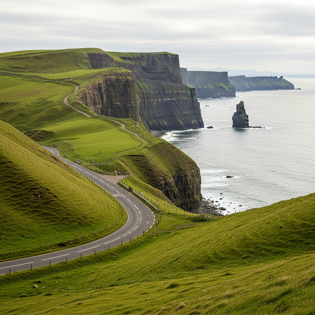 Coastal road along the Antrim coast with basalt cliffs in the distance