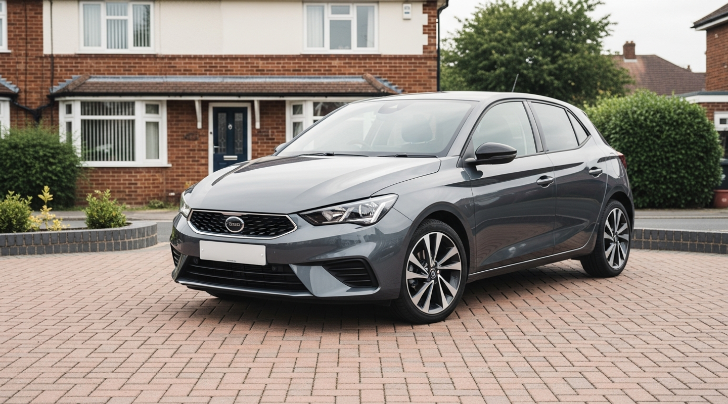 UK hatchback parked on a tidy red-brick driveway, ready for learner driver insurance