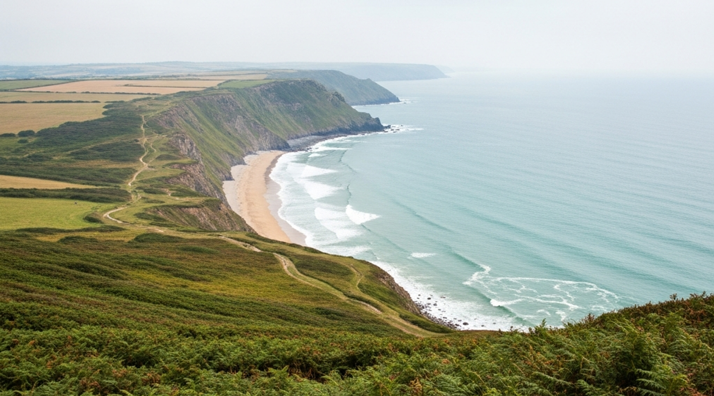 UK coastline viewed from a clifftop with a long sandy bay below
