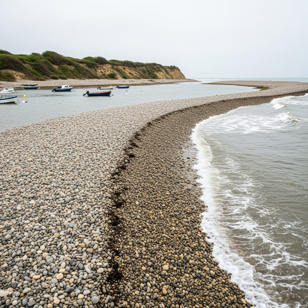 Long shingle bank of Chesil Beach curving along the Dorset coast