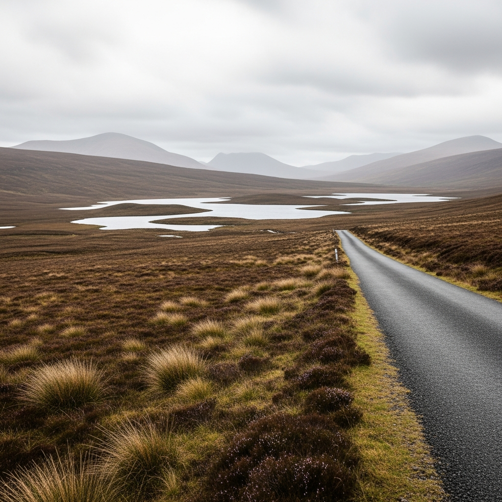 Empty road through wide remote moorland in the Scottish Highlands
