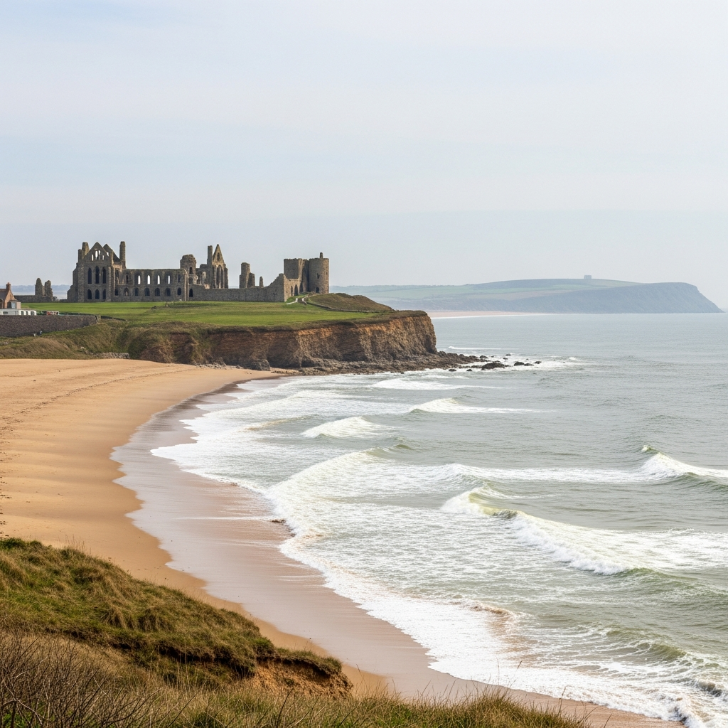 Long sandy beach below the ruins of Tynemouth Priory on a clifftop