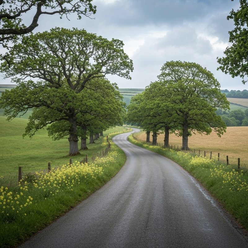 empty British country road bending through low hills under a soft cloudy sky - driving abroad from UK