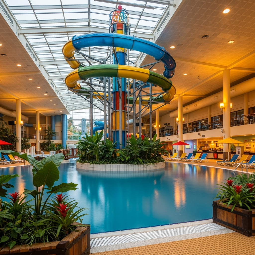 Spiralling flume tower inside a large indoor leisure complex