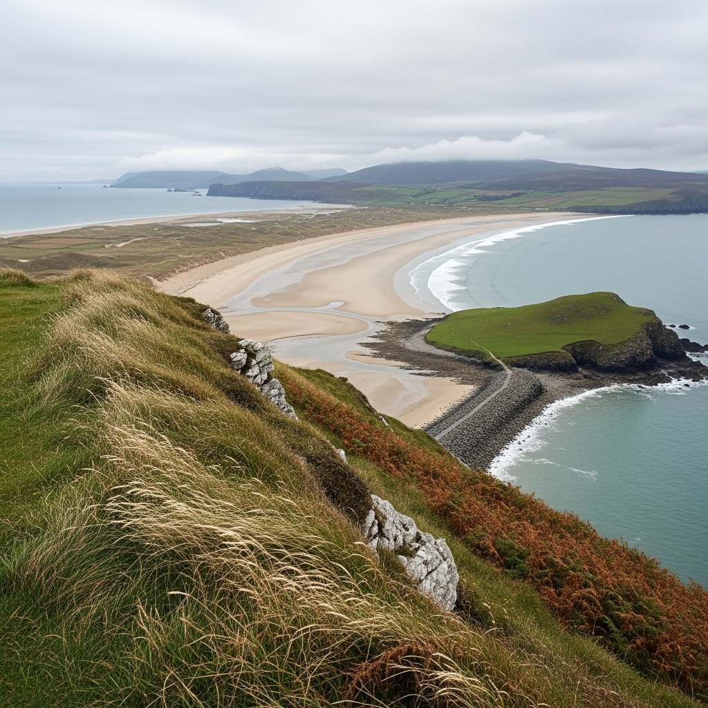 Sweeping curve of Rhossili Bay with Worm's Head tidal island at the headland