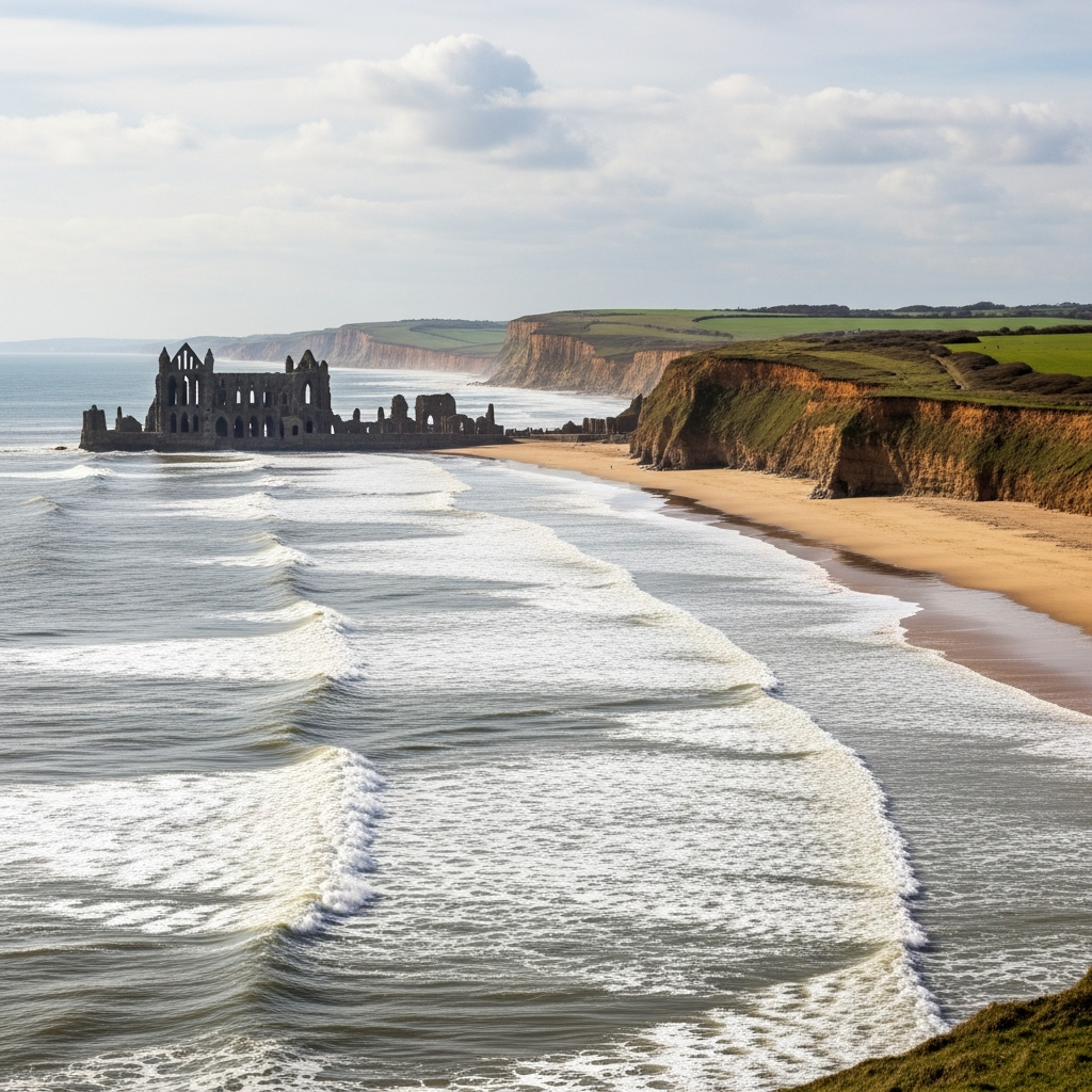 Whitby Sands beach below green cliffs with Whitby Abbey ruins on the headland
