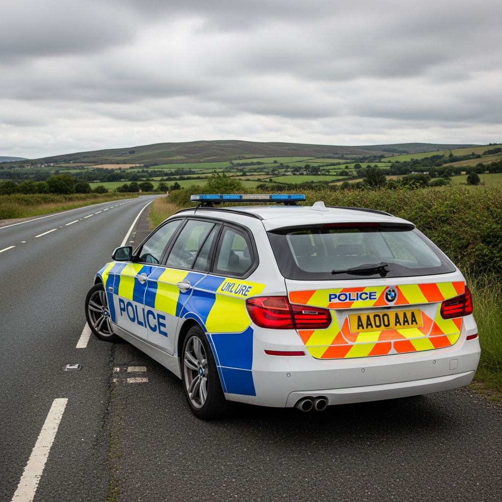 A UK police BMW patrol car parked at the roadside — police use the MID in real time via ANPR.