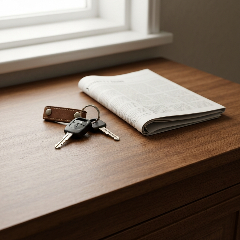 set of car keys on a wooden kitchen table next to a folded blank newspaper - driving in bad weather rules