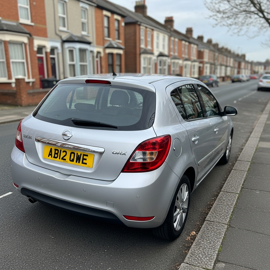 Silver hatchback parked on a UK residential street — checking a car's insurance status only takes the registration.