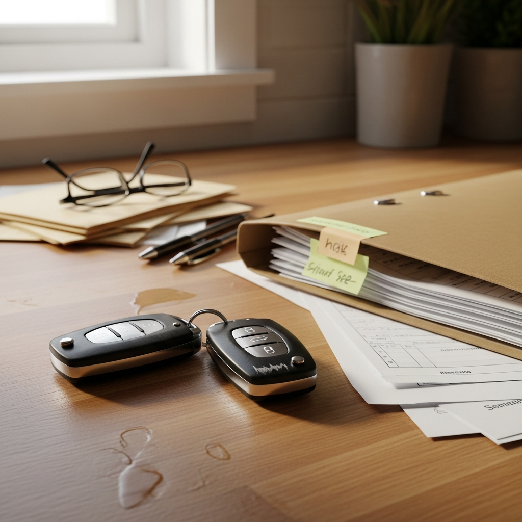 Two car key fobs resting on a kitchen counter - a household where the same car is shared between drivers.