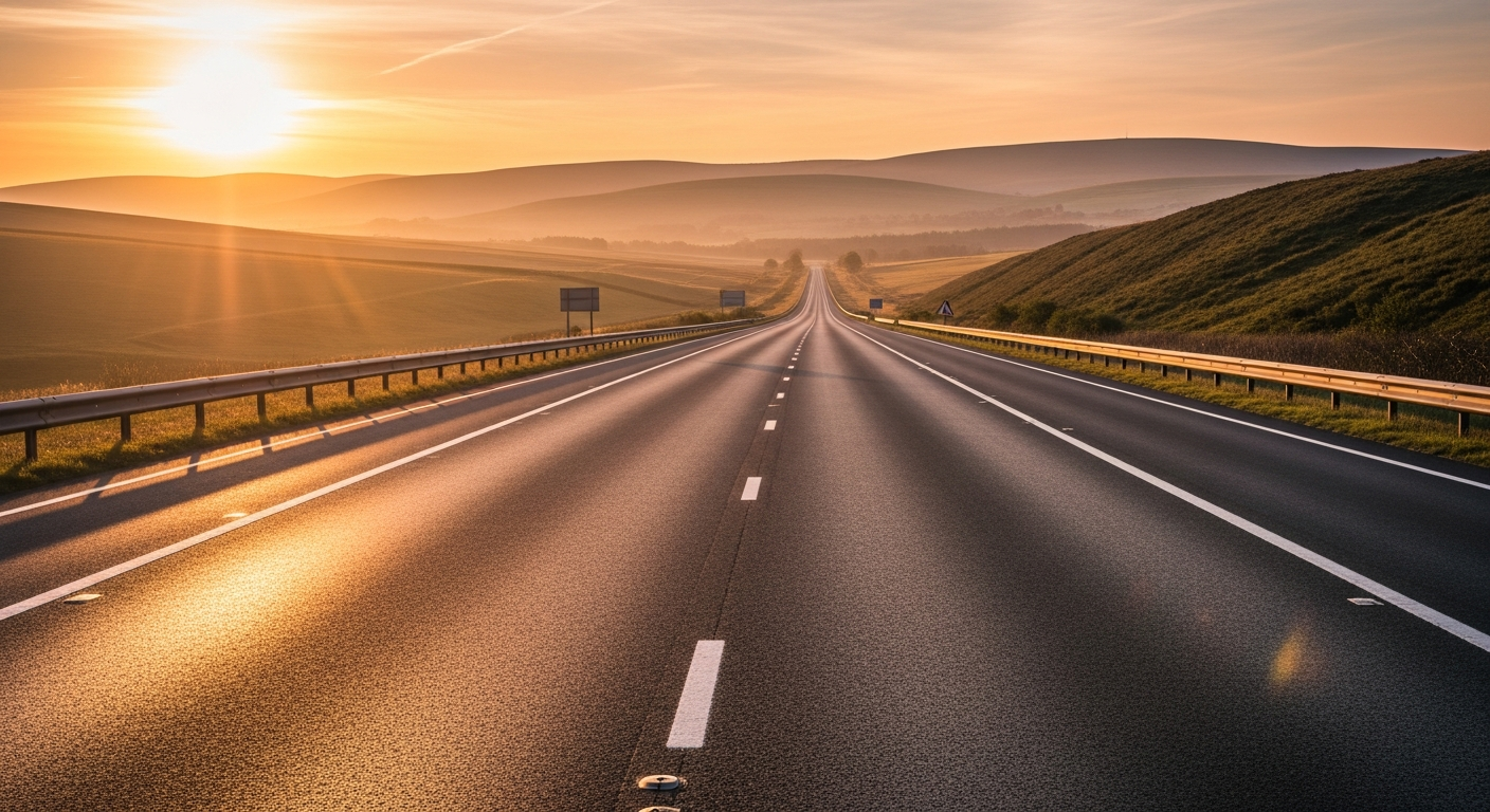 An empty British motorway stretching into the distance at golden hour