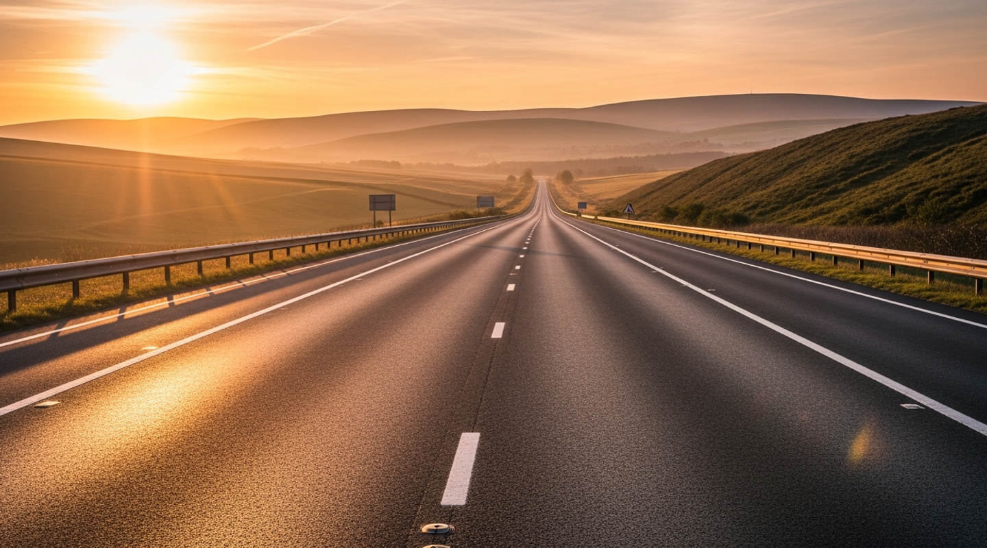 An empty British motorway stretching into the distance at golden hour