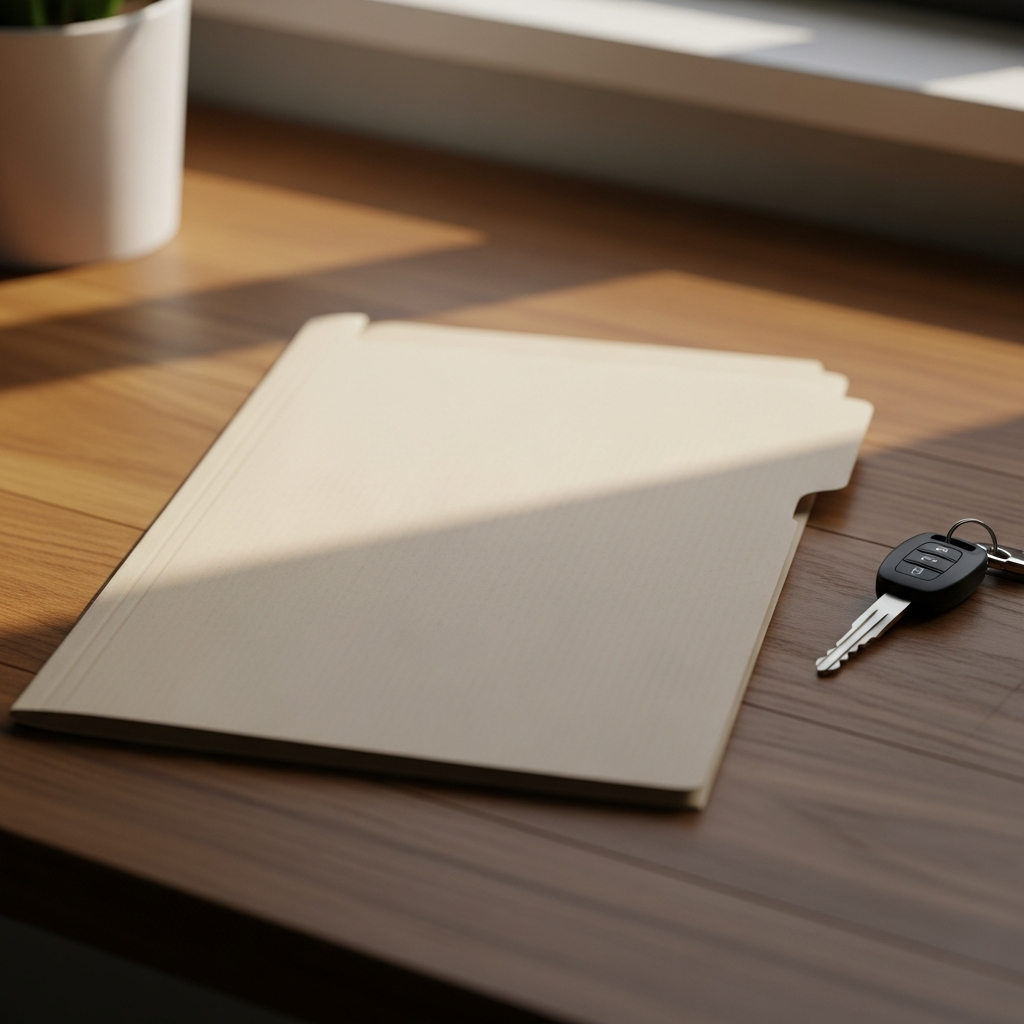 A blank manila folder on a wooden desk beside a set of car keys - paperwork you'll want to hand when transferring your NCD.
