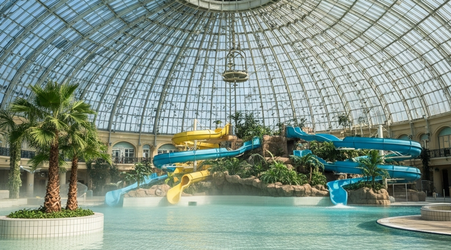 Wide indoor leisure pool under a glass roof