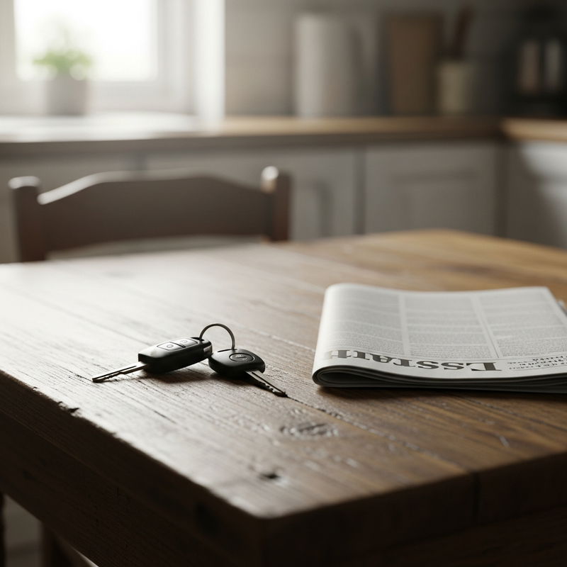 set of car keys on a wooden kitchen table next to a folded blank newspaper - car collection day
