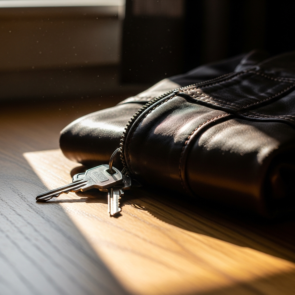 A set of car keys on a folded jacket - sorting cover before borrowing a friend's car for a road trip.