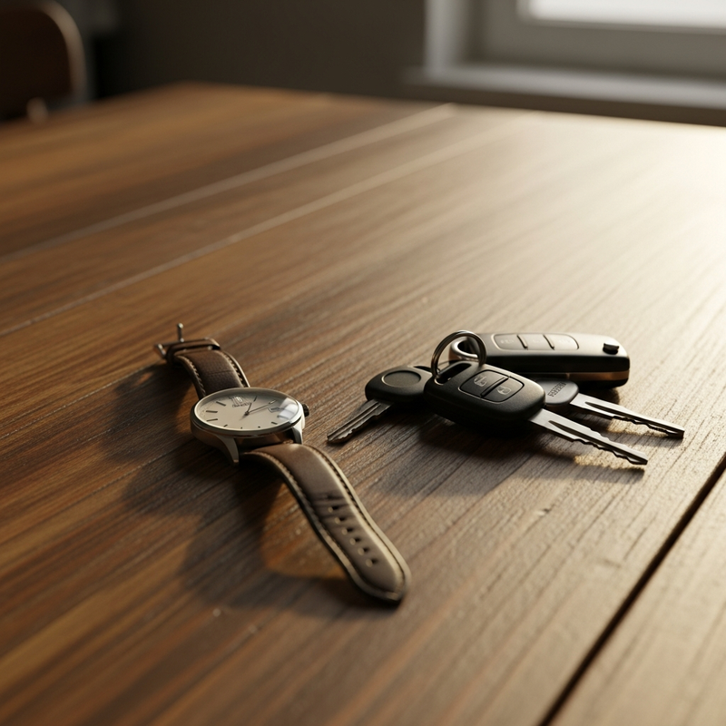 wristwatch and a set of car keys on a wooden kitchen table - instant car insurance medical emergency