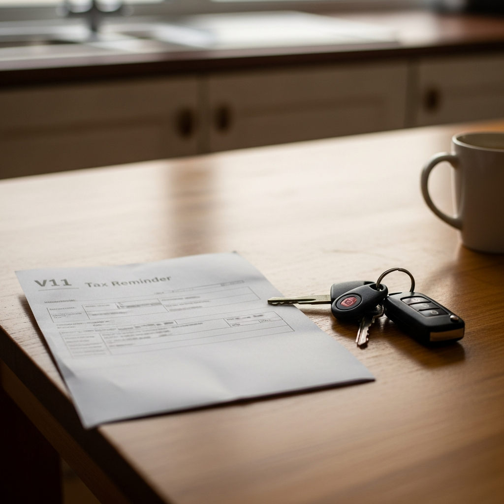 A V11 vehicle tax reminder letter and a set of car keys on a kitchen table - everything you need to tax the vehicle once insurance is live on the MID.