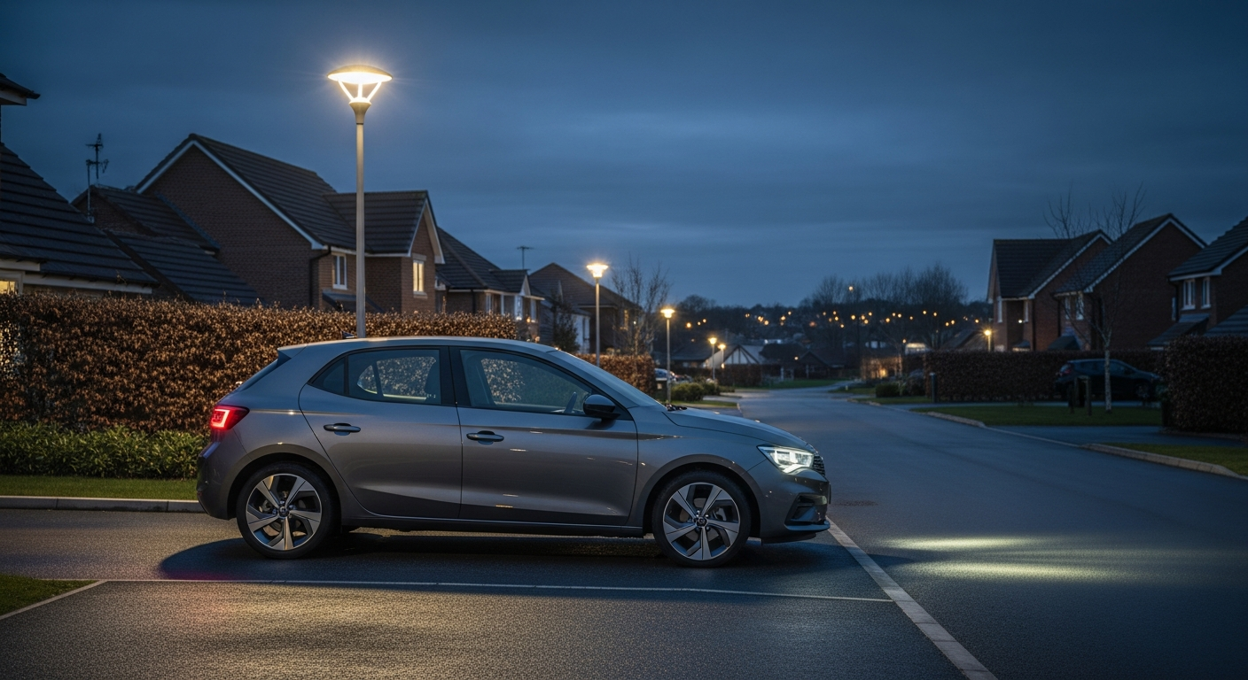 UK hatchback parked under a streetlamp, the kind covered by cheap learner driver insurance
