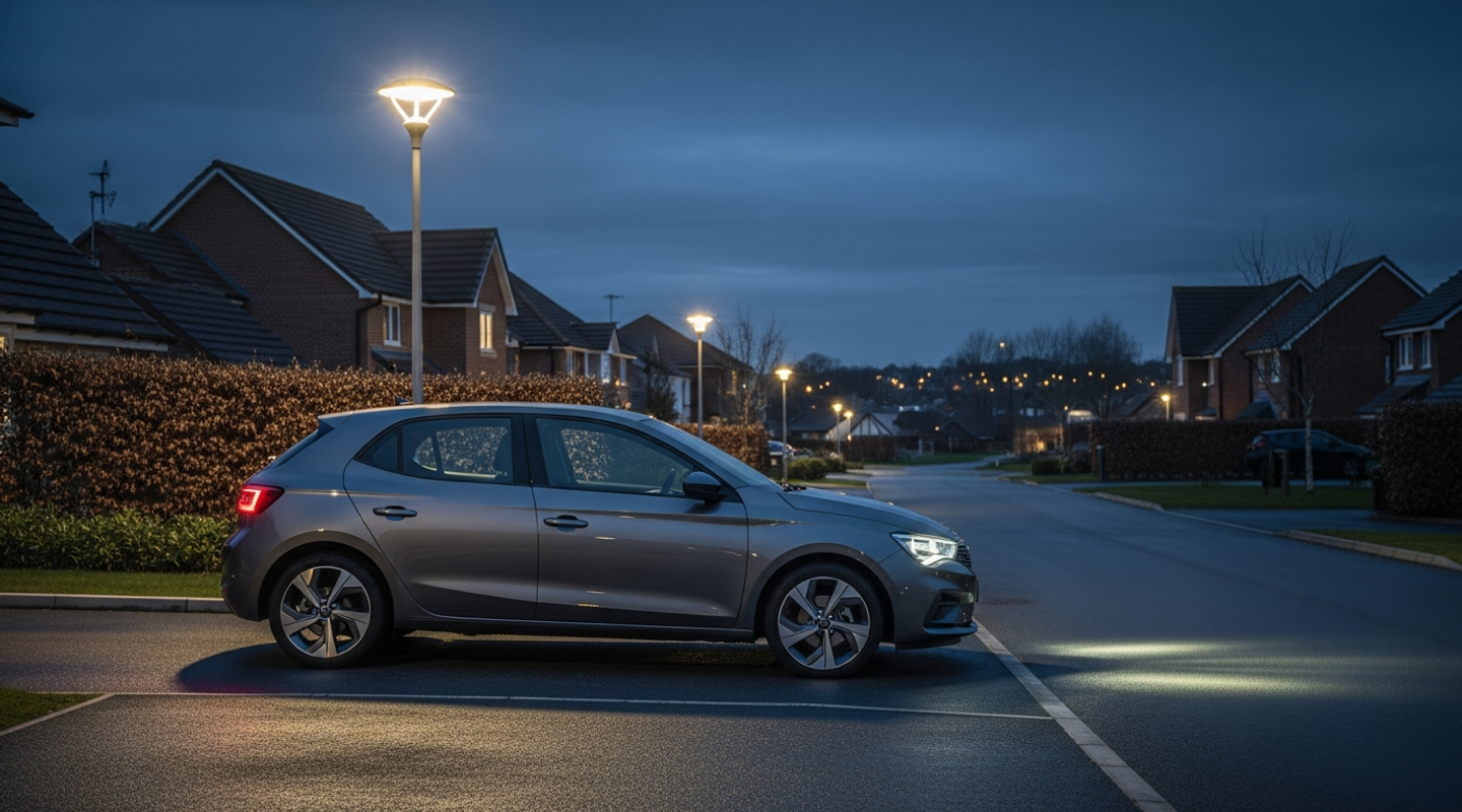 UK hatchback parked under a streetlamp, the kind covered by cheap learner driver insurance