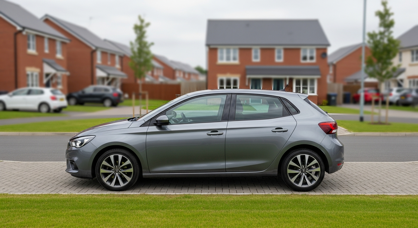 UK hatchback at the kerb of a suburban cul-de-sac, ready for learner driver insurance practice