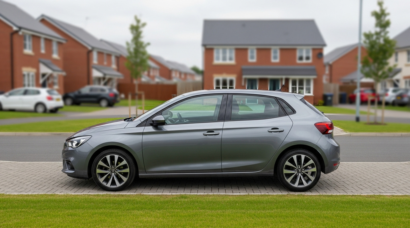 UK hatchback at the kerb of a suburban cul-de-sac, ready for learner driver insurance practice