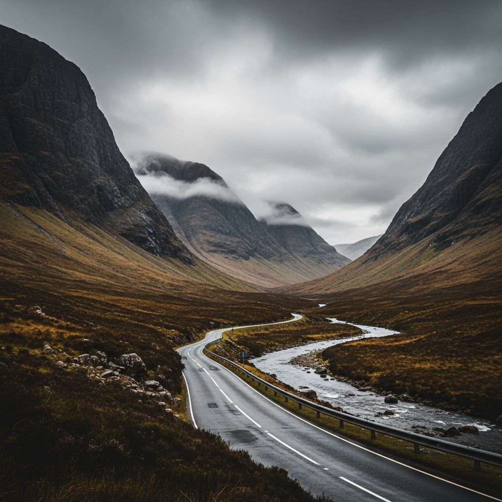 A82 sweeping through the steep-sided valley of Glencoe