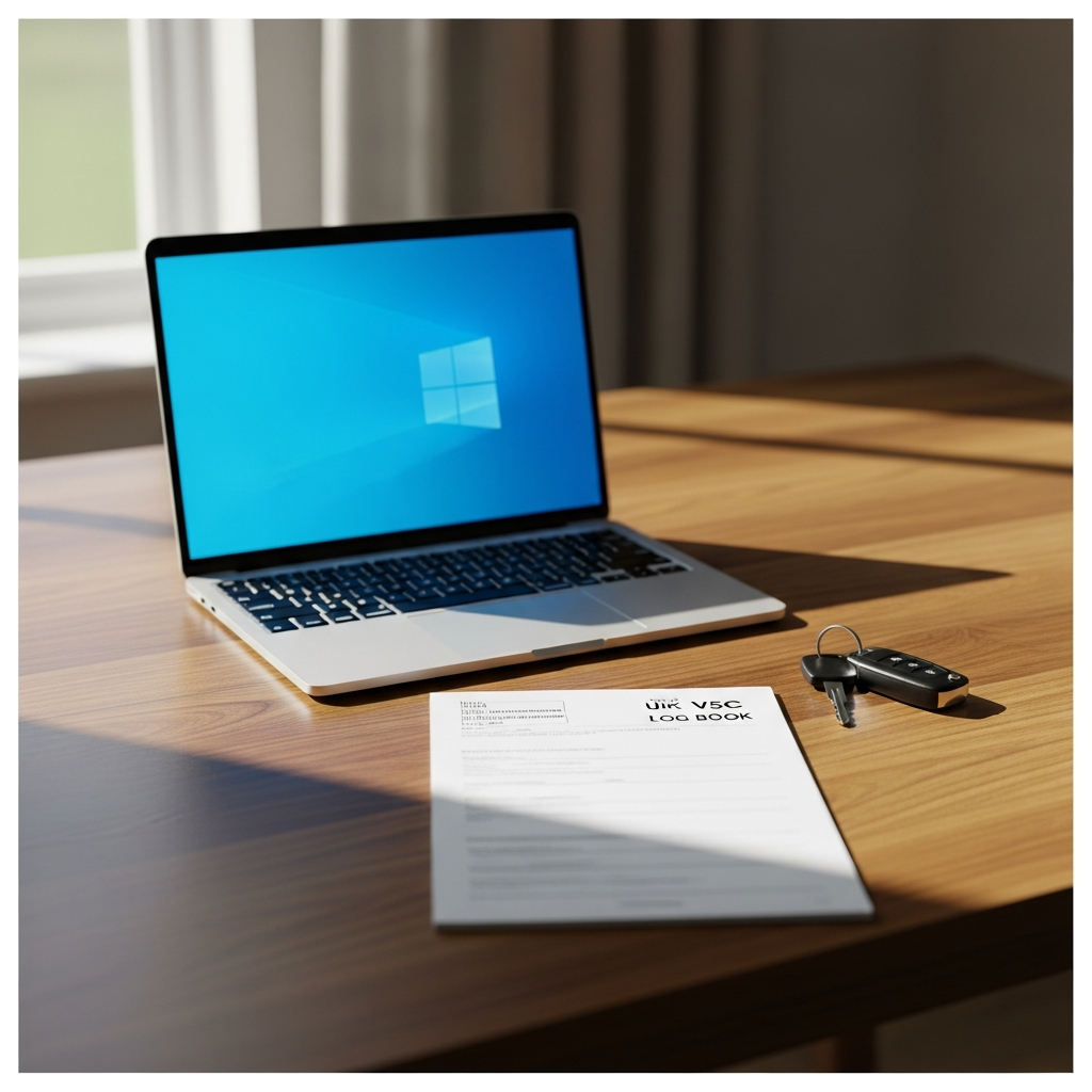 An open laptop next to a UK V5C log book - declaring a SORN can be done online in a few minutes.