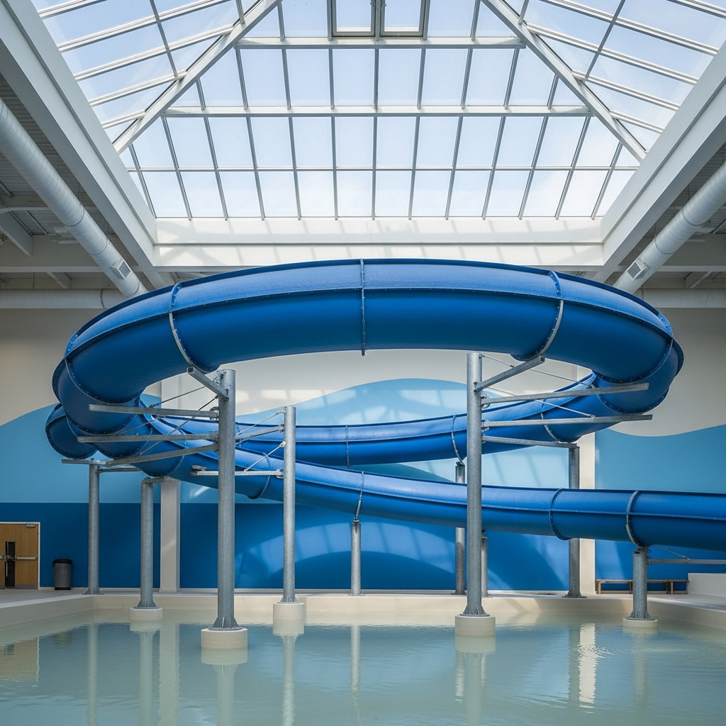 Curving blue flume tube in an indoor UK leisure centre