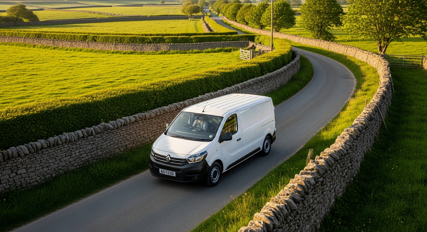 UK van parked under a streetlamp, covered by cheap monthly van insurance
