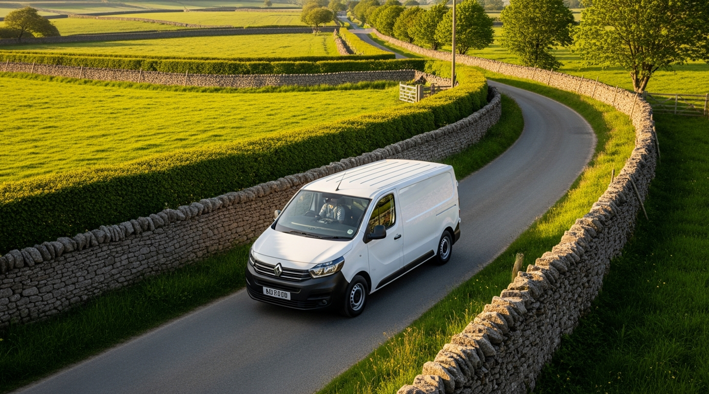 UK van parked under a streetlamp, covered by cheap monthly van insurance