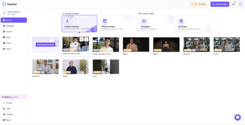 HeyGen dashboard with easy access to many features