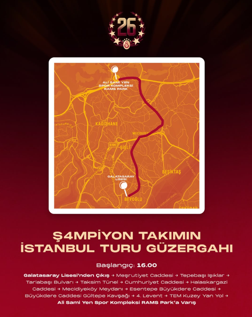 Şampiyon Galatasaray'ın İstanbul turu güzergahı belli oldu: Saat 16.00'da Galatasaray Lisesi'nden başlıyor