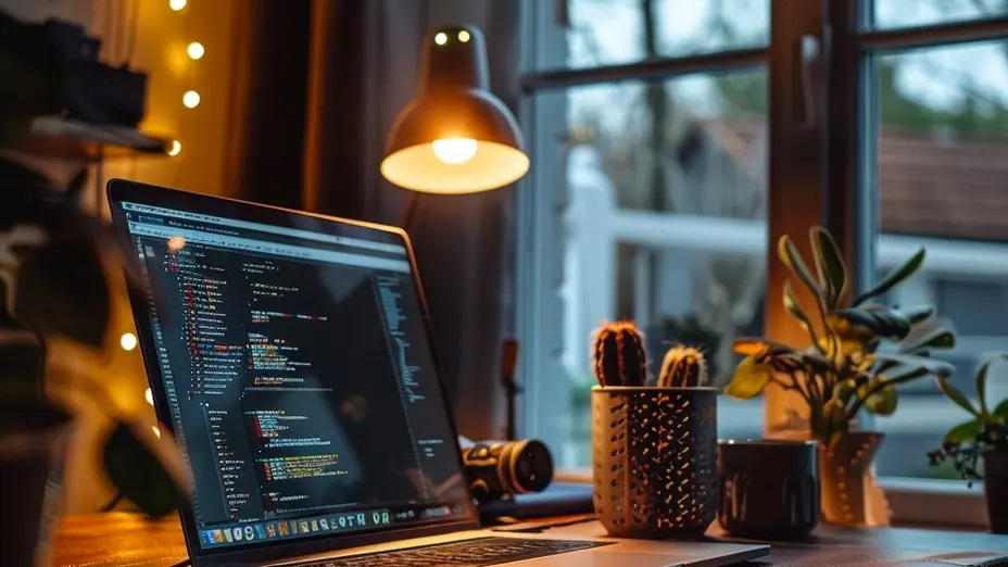 Pracovní místo s notebookem a lampičkou