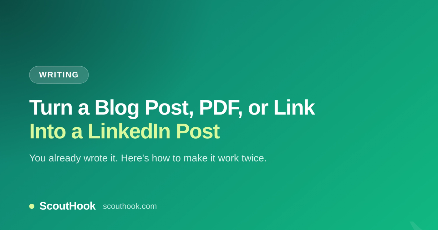Turn a blog post, PDF, or URL into a LinkedIn post — ScoutHook