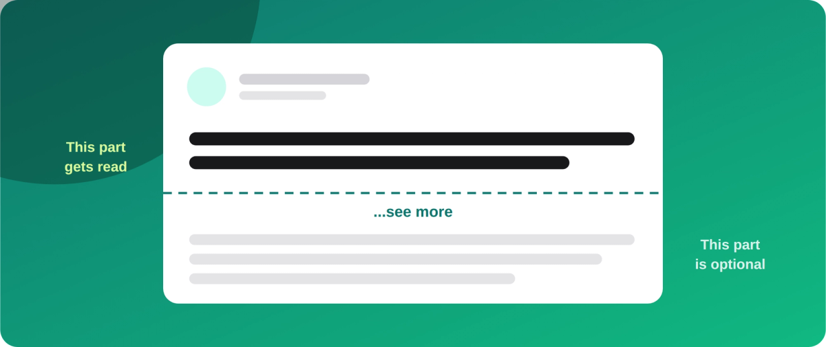 Diagram showing only the first two lines of a LinkedIn post appear before the see-more fold
