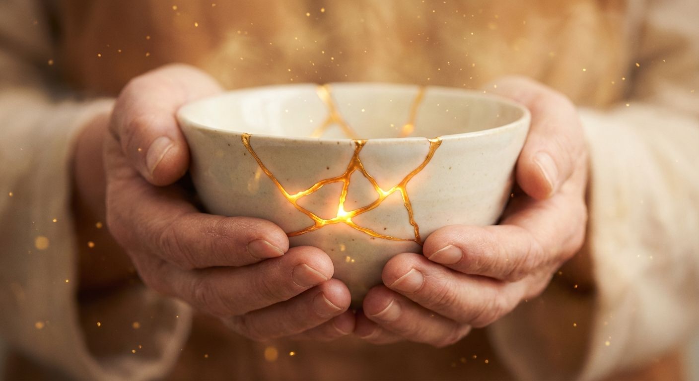 A piece of kintsugi pottery with golden cracks symbolizing healing through fracture