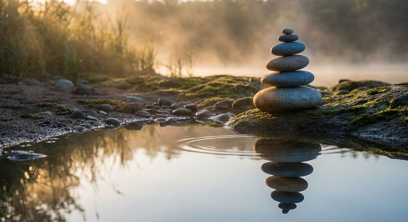 A person standing peacefully on a tightrope between light and shadow, symbolizing sacred equilibrium and balance