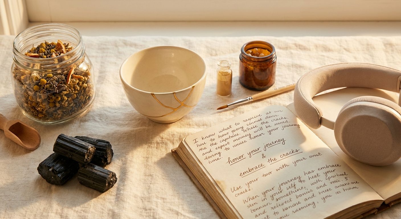 Fracture Healing Toolkit with kintsugi repair set, shadow work journal, black tourmaline stones, herbal tea blend, and audio program