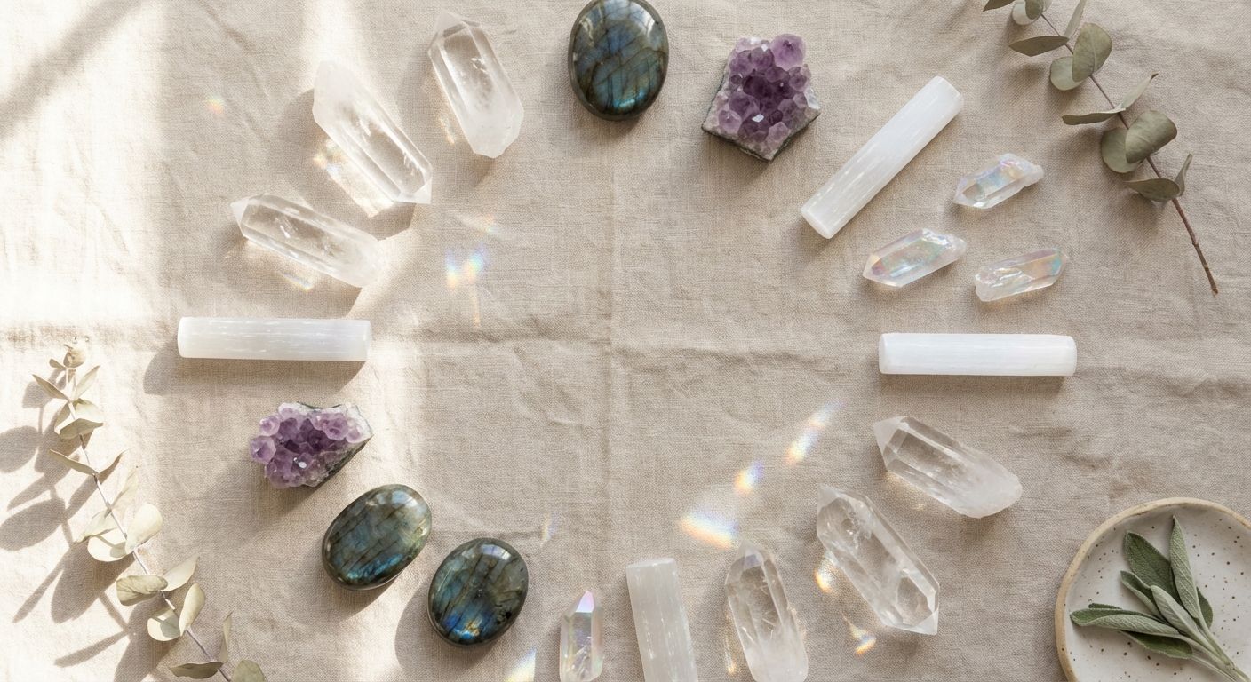 Aether Crystal Collection featuring clear quartz, selenite wand, amethyst cluster, labradorite palm stone, and angel aura quartz