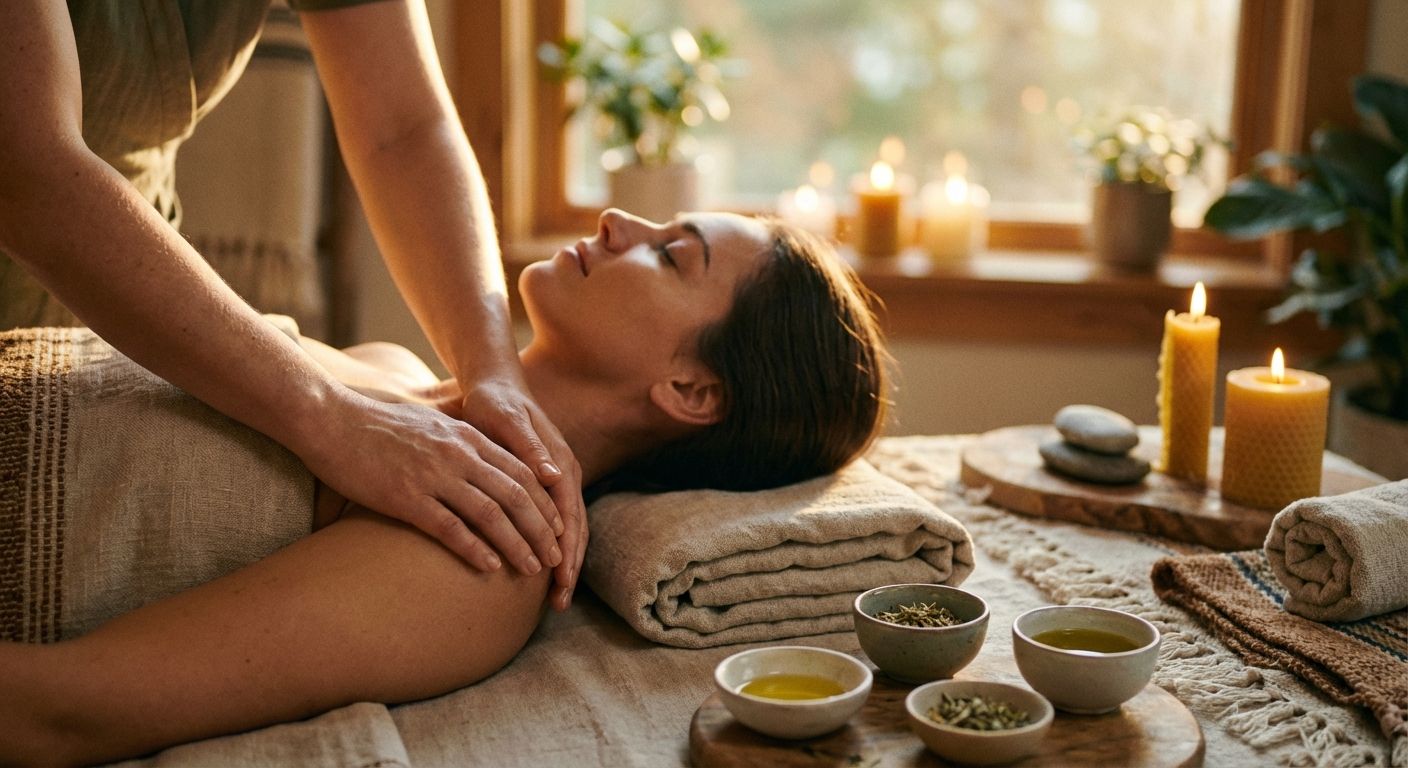 Gentle healing touch session conveying embodied presence and relaxation