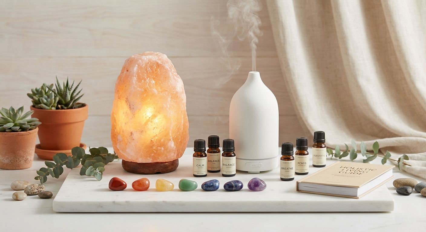 Equilibrium Wellness Bundle with Himalayan salt lamp, aromatherapy diffuser set, chakra stones, and wellness ritual guide
