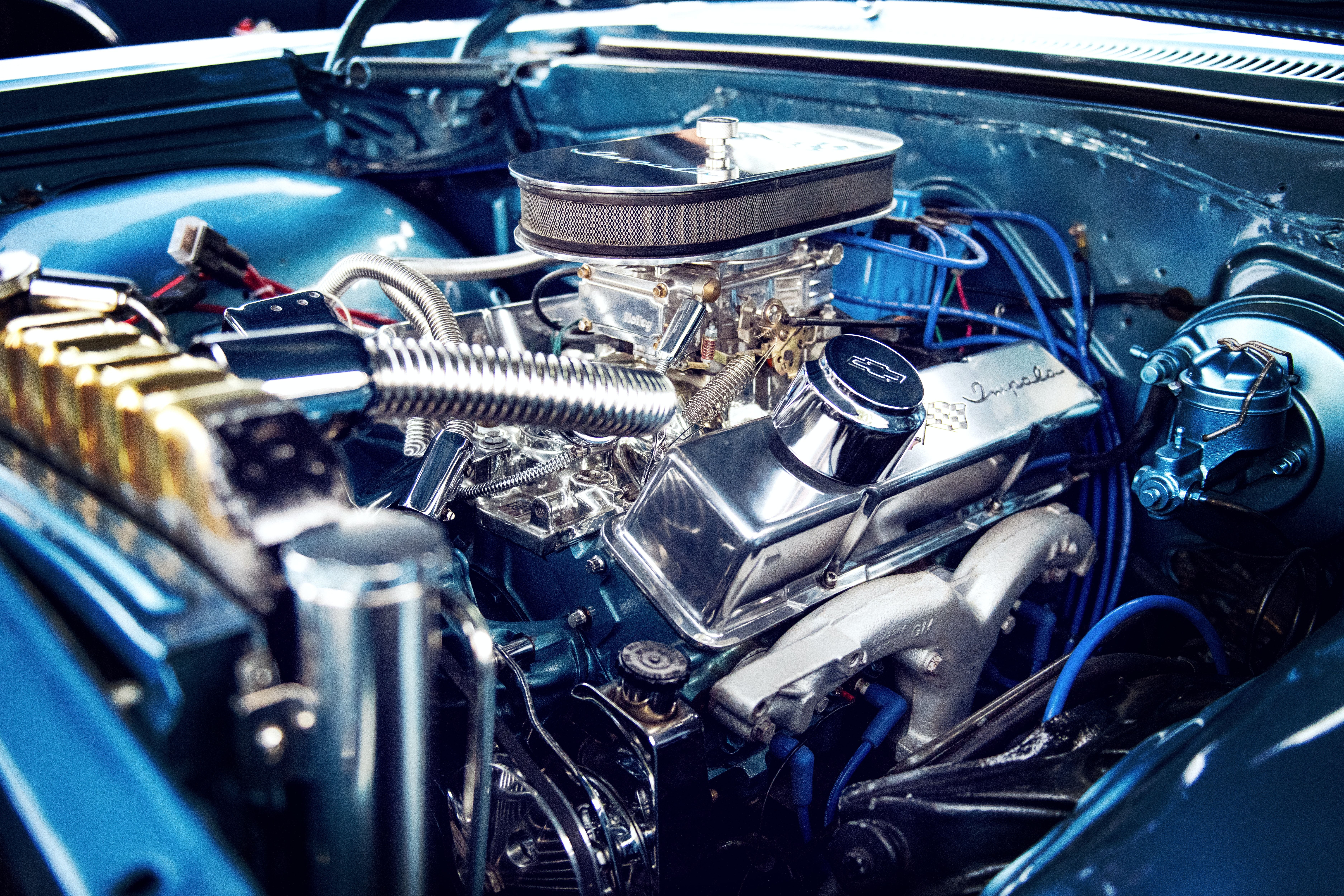 Close up of a very clean and modified Chevrolet Impala engine 