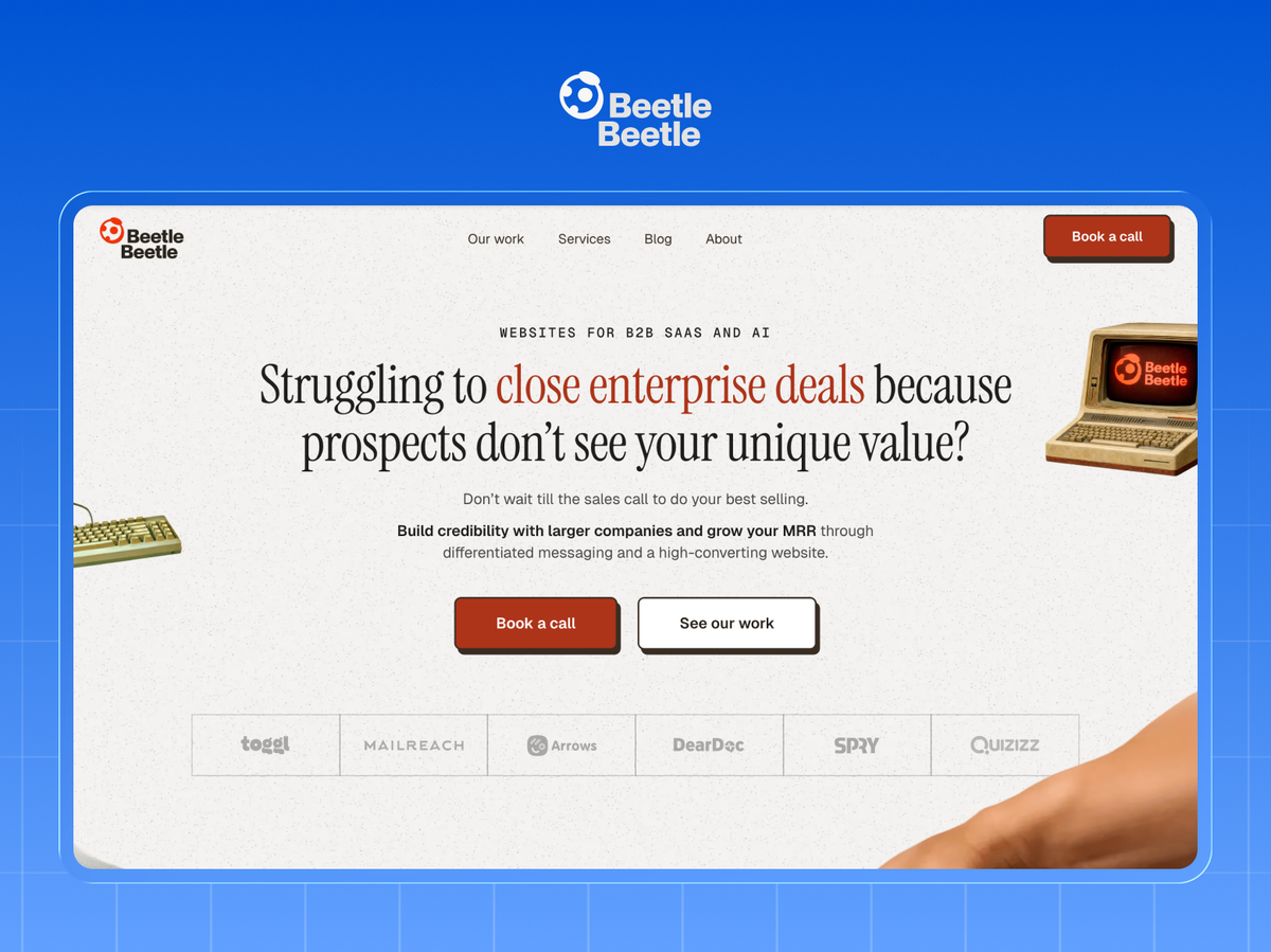The Beetle Beetle homepage, headlined Struggling to close enterprise deals because prospects do not see your unique value?, with paired calls to action and a client logo bar including Toggl, Mailreach and Quizizz