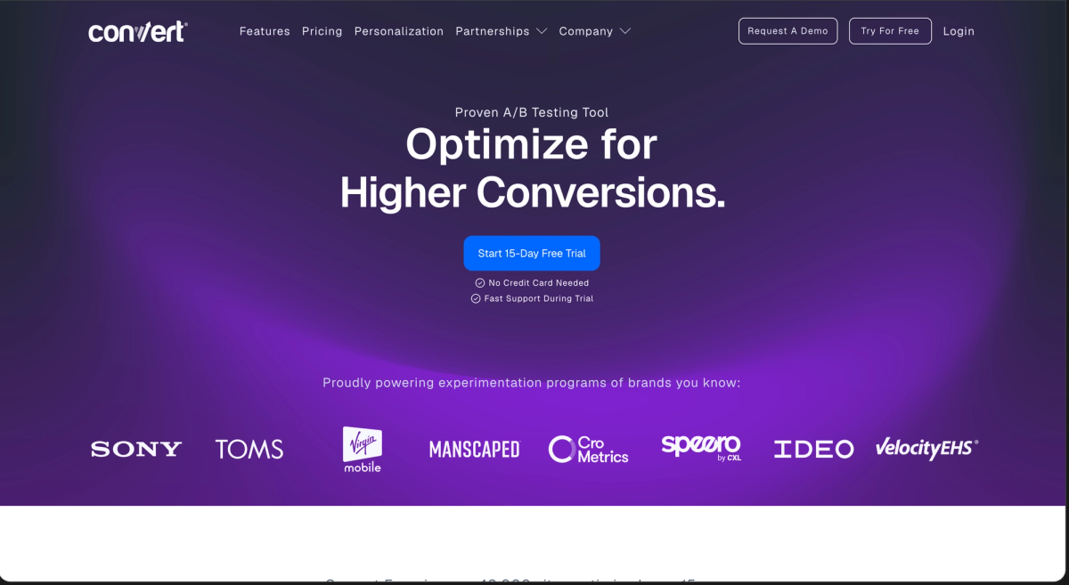 The Convert homepage, badged Proven A/B Testing Tool and headlined Optimize for Higher Conversions, offering a 15-day free trial with no credit card, with logos including Sony, TOMS, Virgin Mobile and IDEO