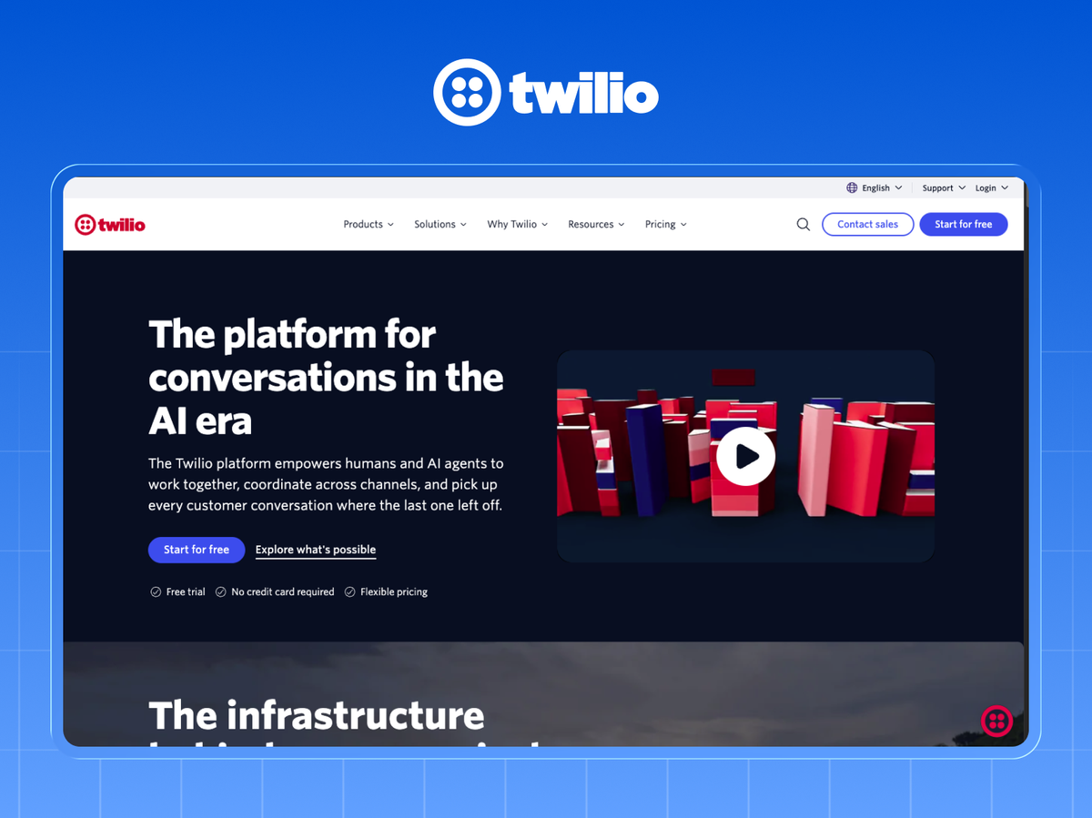 Twilio homepage written for developers, with Free trial, No credit card required and Flexible pricing reassurances under the CTA